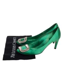 Pre Owned Roger Vivier Green Satin Limelight Buckle Pumps Size 39