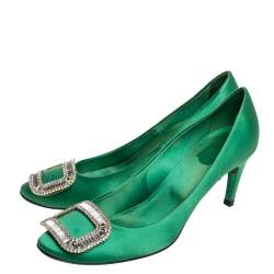 Pre Owned Roger Vivier Green Satin Limelight Buckle Pumps Size 39