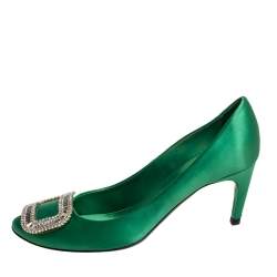 Pre Owned Roger Vivier Green Satin Limelight Buckle Pumps Size 39