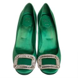 Pre Owned Roger Vivier Green Satin Limelight Buckle Pumps Size 39