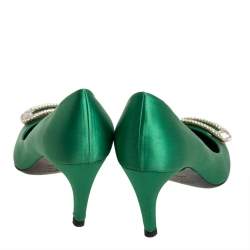 Pre Owned Roger Vivier Green Satin Limelight Buckle Pumps Size 39