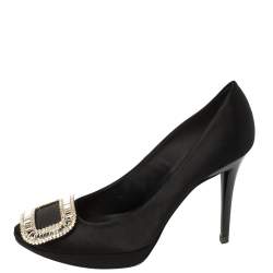 Pre Owned Roger Vivier Black Satin Limelight Buckle Pumps Size 37.5