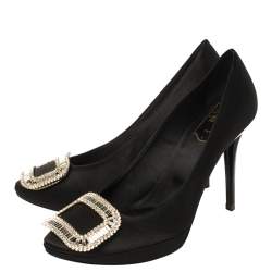 Pre Owned Roger Vivier Black Satin Limelight Buckle Pumps Size 37.5