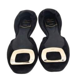 Pre Owned Roger Vivier Black Suede Chips D'Orsay Buckle Flats Size 38