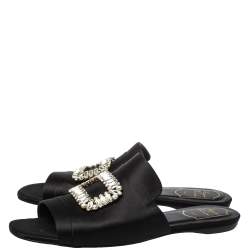 Pre Owned Roger Vivier Black Satin Tiffany Buckle Flat Slides Size 41