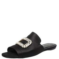 Pre Owned Roger Vivier Black Satin Tiffany Buckle Flat Slides Size 41