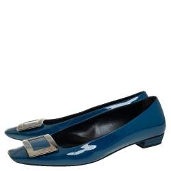 Pre Owned Roger Vivier Teal Blue Patent Leather Trompette Ballet Flats Size 38.5