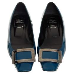 Pre Owned Roger Vivier Teal Blue Patent Leather Trompette Ballet Flats Size 38.5