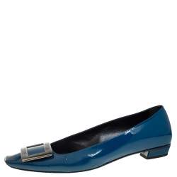 Pre Owned Roger Vivier Teal Blue Patent Leather Trompette Ballet Flats Size 38.5