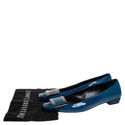 Pre Owned Roger Vivier Teal Blue Patent Leather Trompette Ballet Flats Size 38.5