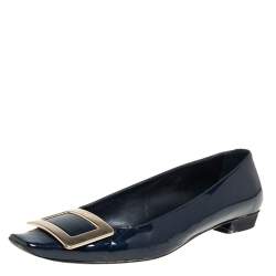 Pre Owned Roger Vivier Navy Blue Patent Leather Trompette Ballet Flats Size 37.5