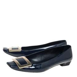 Pre Owned Roger Vivier Navy Blue Patent Leather Trompette Ballet Flats Size 37.5