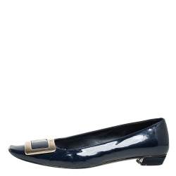 Pre Owned Roger Vivier Navy Blue Patent Leather Trompette Ballet Flats Size 37.5