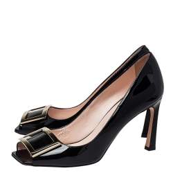 Pre Owned Roger Vivier Black Patent Leather Open Toe Pumps Size 39
