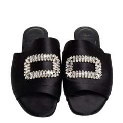 Roger Vivier  Black Satin Slip On Embellished Flat Sandals Size 40