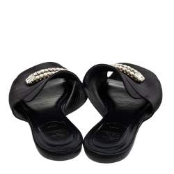 Roger Vivier  Black Satin Slip On Embellished Flat Sandals Size 40