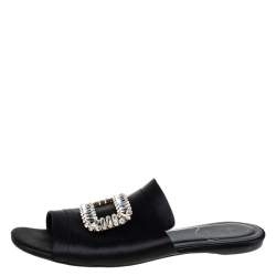 Roger Vivier  Black Satin Slip On Embellished Flat Sandals Size 40
