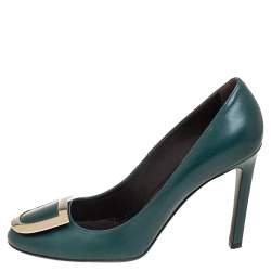 Pre Owned Roger Vivier Green Leather Ecusson Pumps Size 38