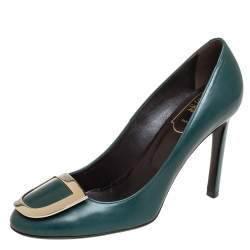 Pre Owned Roger Vivier Green Leather Ecusson Pumps Size 38