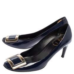Pre Owned Roger Vivier Navy Blue Patent Leather Trompette Pumps Size 38