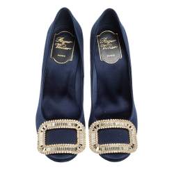 Pre Owned Roger Vivier Blue Embellished Satin Limelight Buckle Pumps Size 36