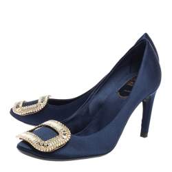 Pre Owned Roger Vivier Blue Embellished Satin Limelight Buckle Pumps Size 36