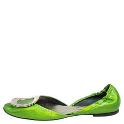 Roger Vivier Metallic Green Leather Flats Size 35.5
