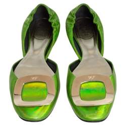 Roger Vivier Metallic Green Leather Flats Size 35.5