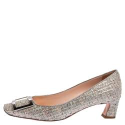 Pre Owned Roger Vivier Silver Tweed Belle Embellished Block Heel Pumps Size 39