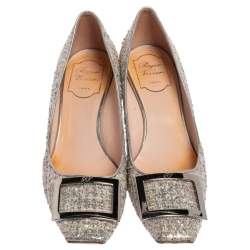 Pre Owned Roger Vivier Silver Tweed Belle Embellished Block Heel Pumps Size 39