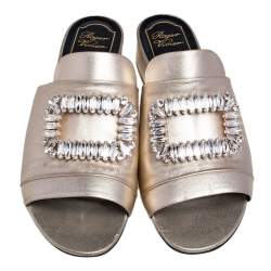 Roger Vivier Gold Leather Crystal Embellished Open Toe Block Heel Slide Sandals Size 39