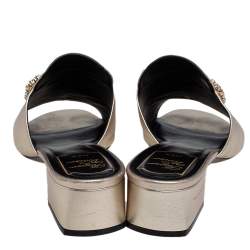 Roger Vivier Gold Leather Crystal Embellished Open Toe Block Heel Slide Sandals Size 39