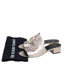 Roger Vivier Gold Leather Crystal Embellished Open Toe Block Heel Slide Sandals Size 39