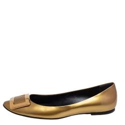 Pre Owned Roger Vivier Gold Patent Leather Trompette Ballet Flats Size 40