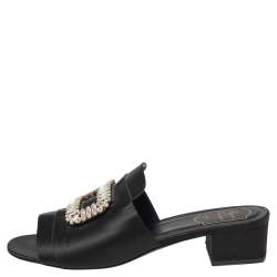 Roger Vivier Black Satin Crystal Embellished Slide Sandals Size 41