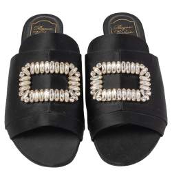 Roger Vivier Black Satin Crystal Embellished Slide Sandals Size 41
