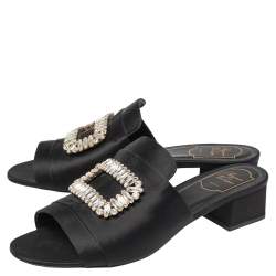 Roger Vivier Black Satin Crystal Embellished Slide Sandals Size 41