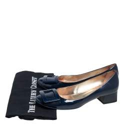 Pre Owned Roger Vivier Blue Patent Leather Buckle Block Heel Pumps Size 37.5