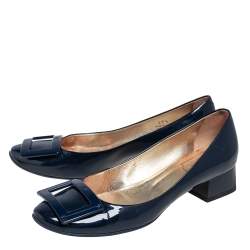 Pre Owned Roger Vivier Blue Patent Leather Buckle Block Heel Pumps Size 37.5