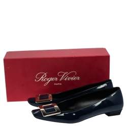 Pre Owned Roger Vivier  Navy Blue Patent Leather Trompette Ballet  Flats Size 36