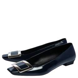 Pre Owned Roger Vivier  Navy Blue Patent Leather Trompette Ballet  Flats Size 36