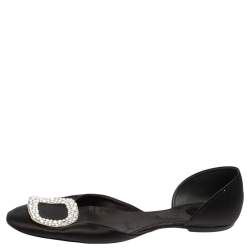 Roger Vivier Black Satin Chips Strass D' Orsay Ballet Flats Size 40.5