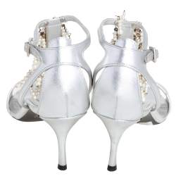 Roger Vivier Silver Leather Faux Pearl Fringe Embellished T Strap Sandals Size 39