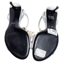 Roger Vivier Silver Leather Faux Pearl Fringe Embellished T Strap Sandals Size 39