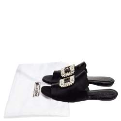Pre Owned Roger Vivier Black Satin Tiffany Buckle Flat Slides Size 38.5