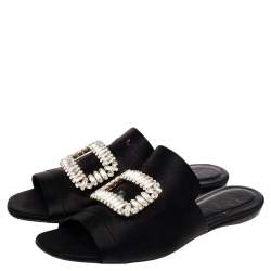 Pre Owned Roger Vivier Black Satin Tiffany Buckle Flat Slides Size 38.5