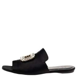 Pre Owned Roger Vivier Black Satin Tiffany Buckle Flat Slides Size 38.5