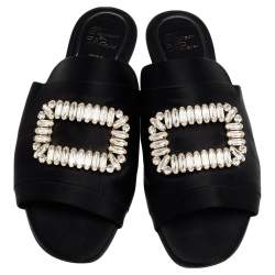 Pre Owned Roger Vivier Black Satin Tiffany Buckle Flat Slides Size 38.5