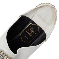 Pre Owned Roger Vivier White Leather Crystal Embellished Loafers Size 36.5