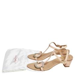 Pre Owned Roger Vivier Beige Leather Chips Embellished T-Strap Sandals Size 39.5